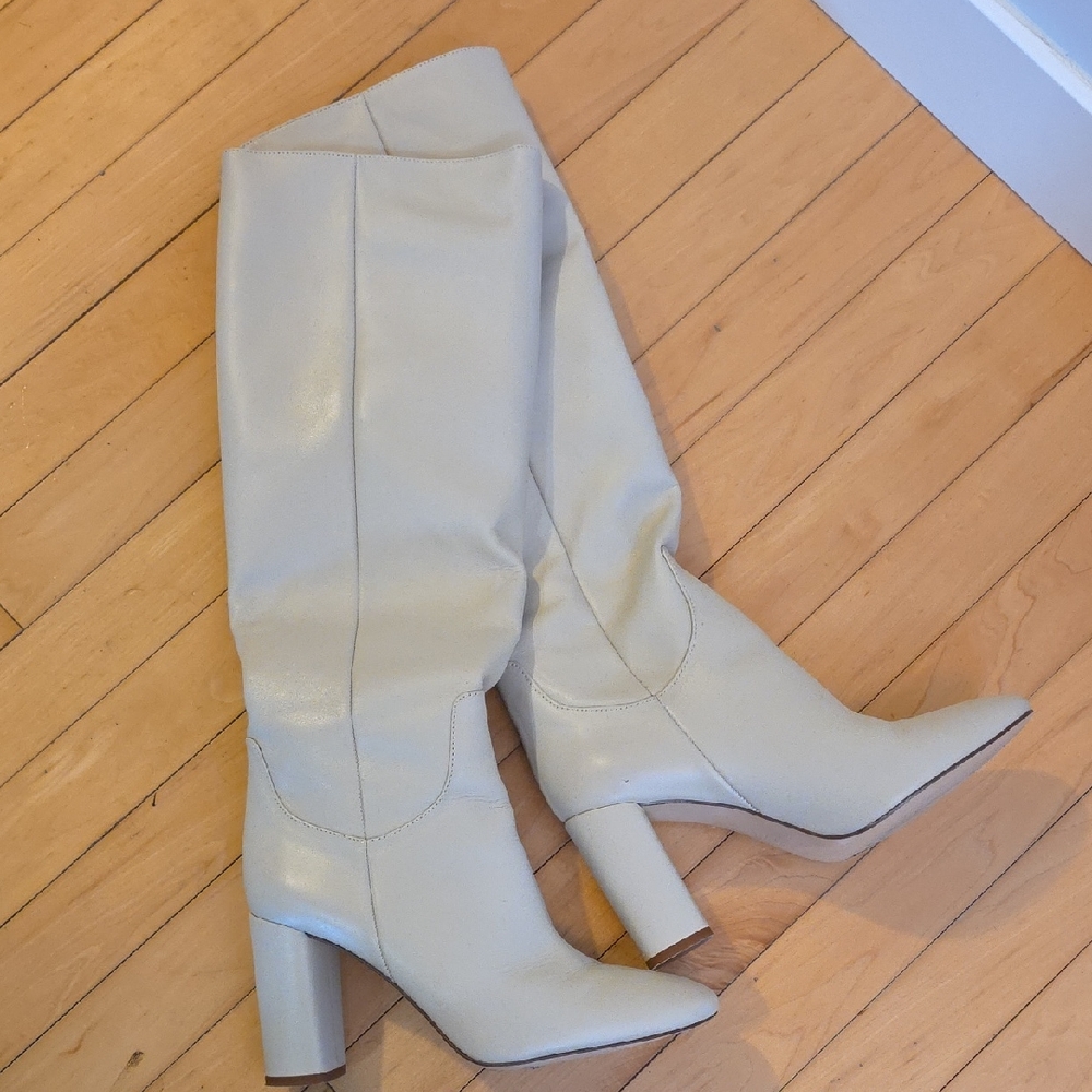 Zara Cream Leather Heeled Boots